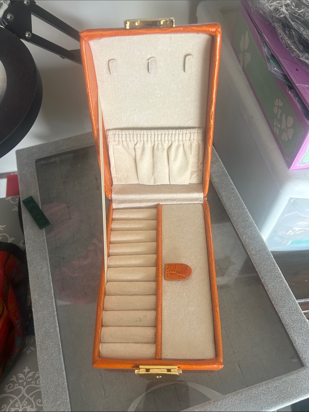 Orange Jewelry Organizer Box with Ring Rolls and Pockets